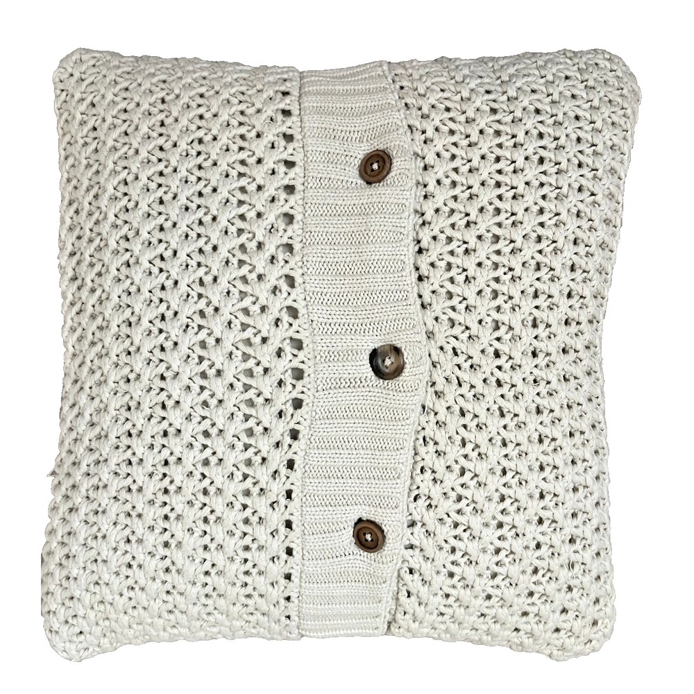 Ralph Lauren‎ Chaps Home Beige Knit Cotton Sweater Button Front Pillow 14"x14"